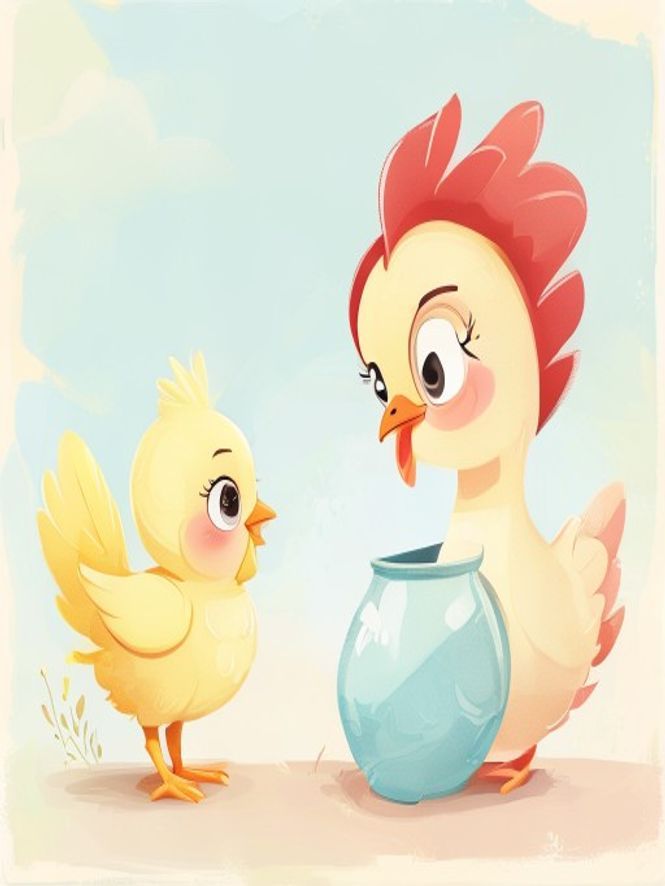Ilustração: Pintinho — O Pintinho e o Vaso Quebrado